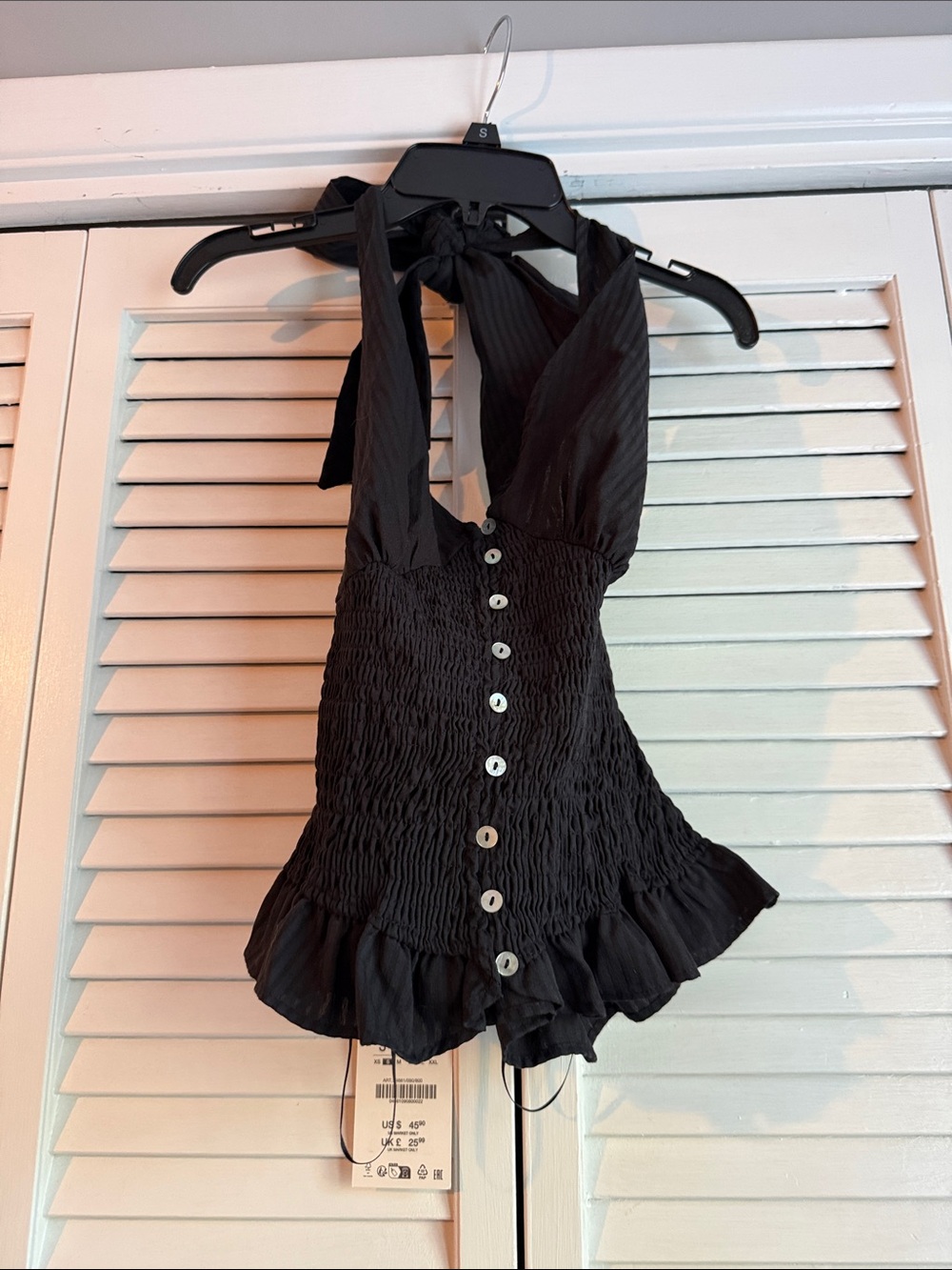 Zara Black Smocked Halter Crop Top with Ruffle Hem